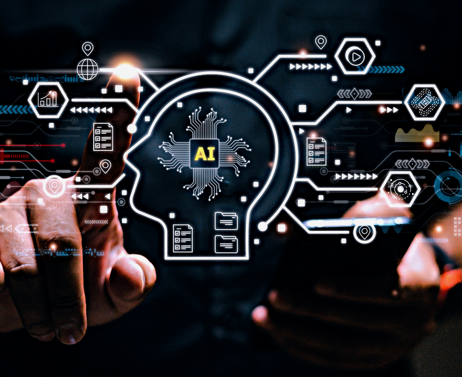 A head with AI in the middle that is linked to all of the possibilities that AI can help you for your business