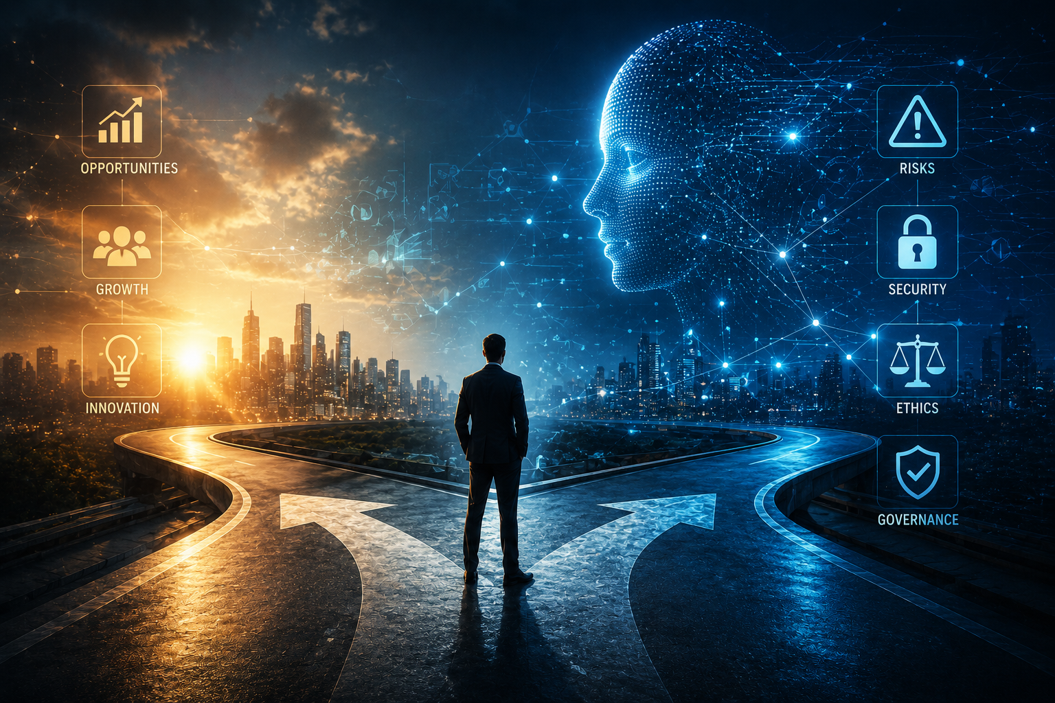 A person standing at a crossroads looking at the opportunities and risks of AI